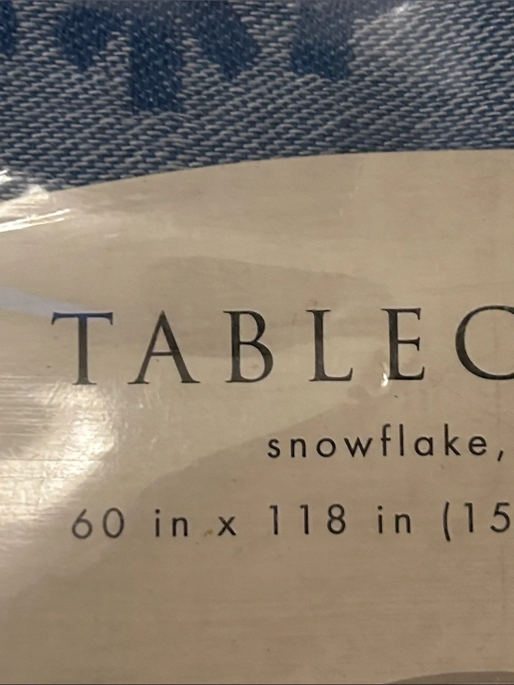 Oblong 60” by 128” Blue and White Snowflake Tablecloth